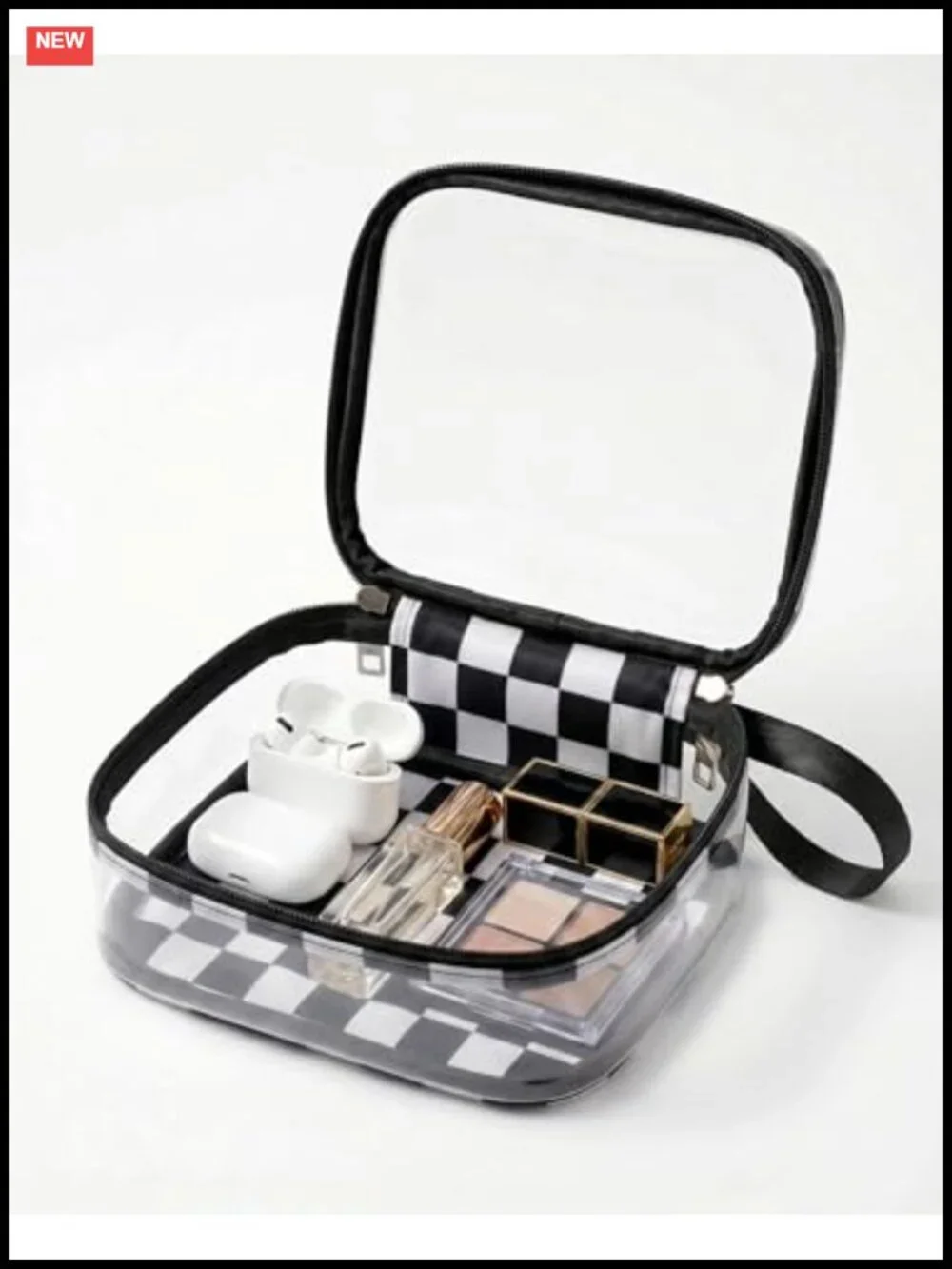 Clear PVC Travel Makeup Bag TSA Approved Checkered Wristlet Case